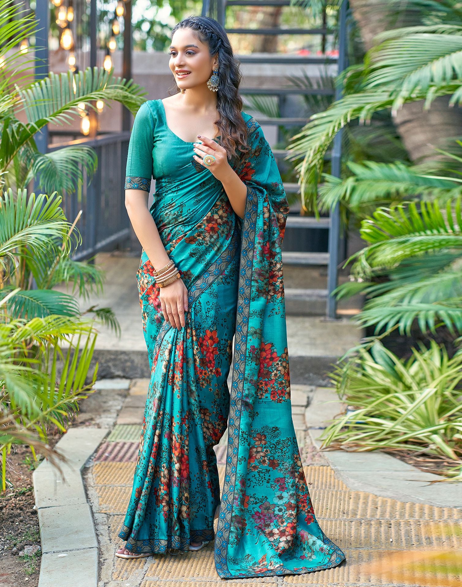 Teal Blue Printed Silk Saree