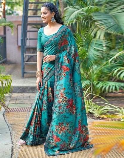 Teal Blue Printed Silk Saree