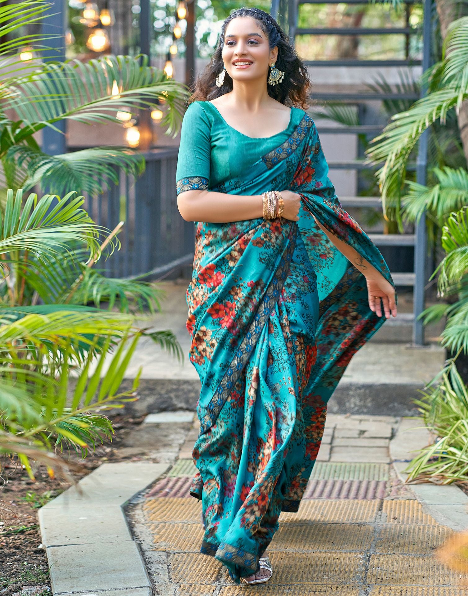 Teal Blue Printed Silk Saree