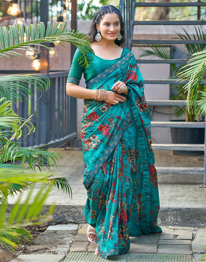 Teal Blue Printed Silk Saree