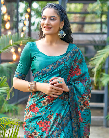 Teal Blue Printed Silk Saree