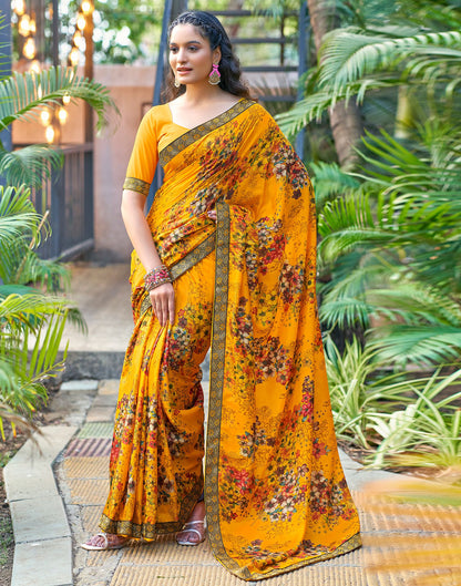 Turmeric Yellow &amp; Multicoloured Printed Silk Saree