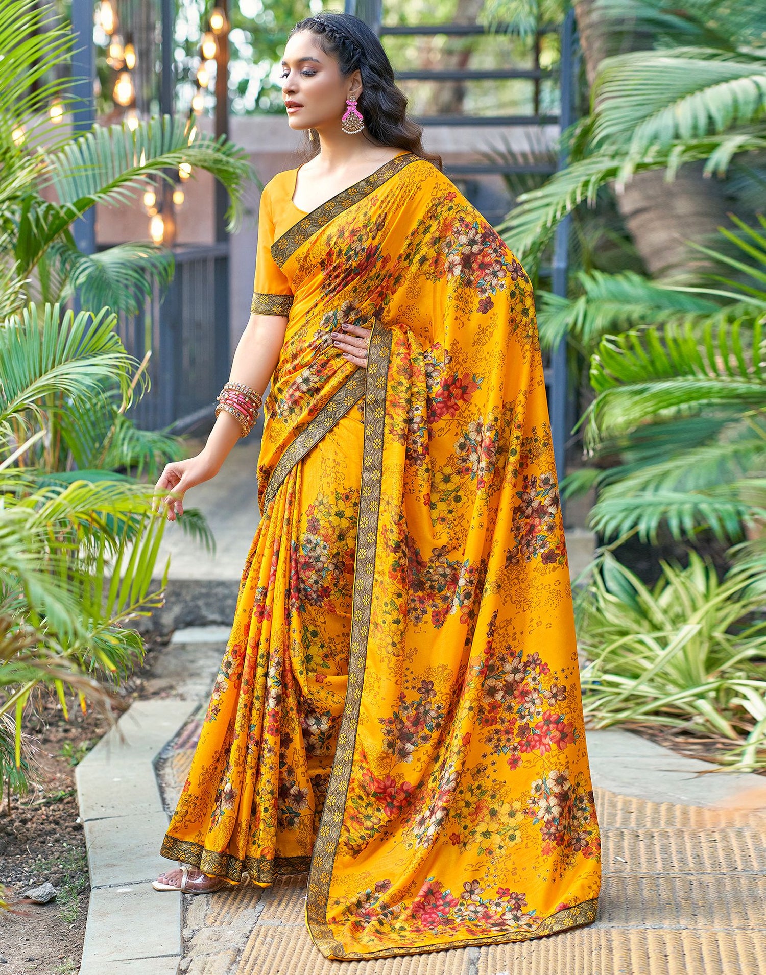 Turmeric Yellow &amp; Multicoloured Printed Silk Saree