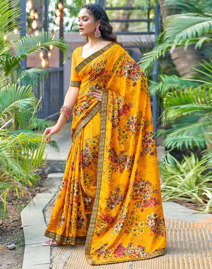 Turmeric Yellow &amp; Multicoloured Printed Silk Saree