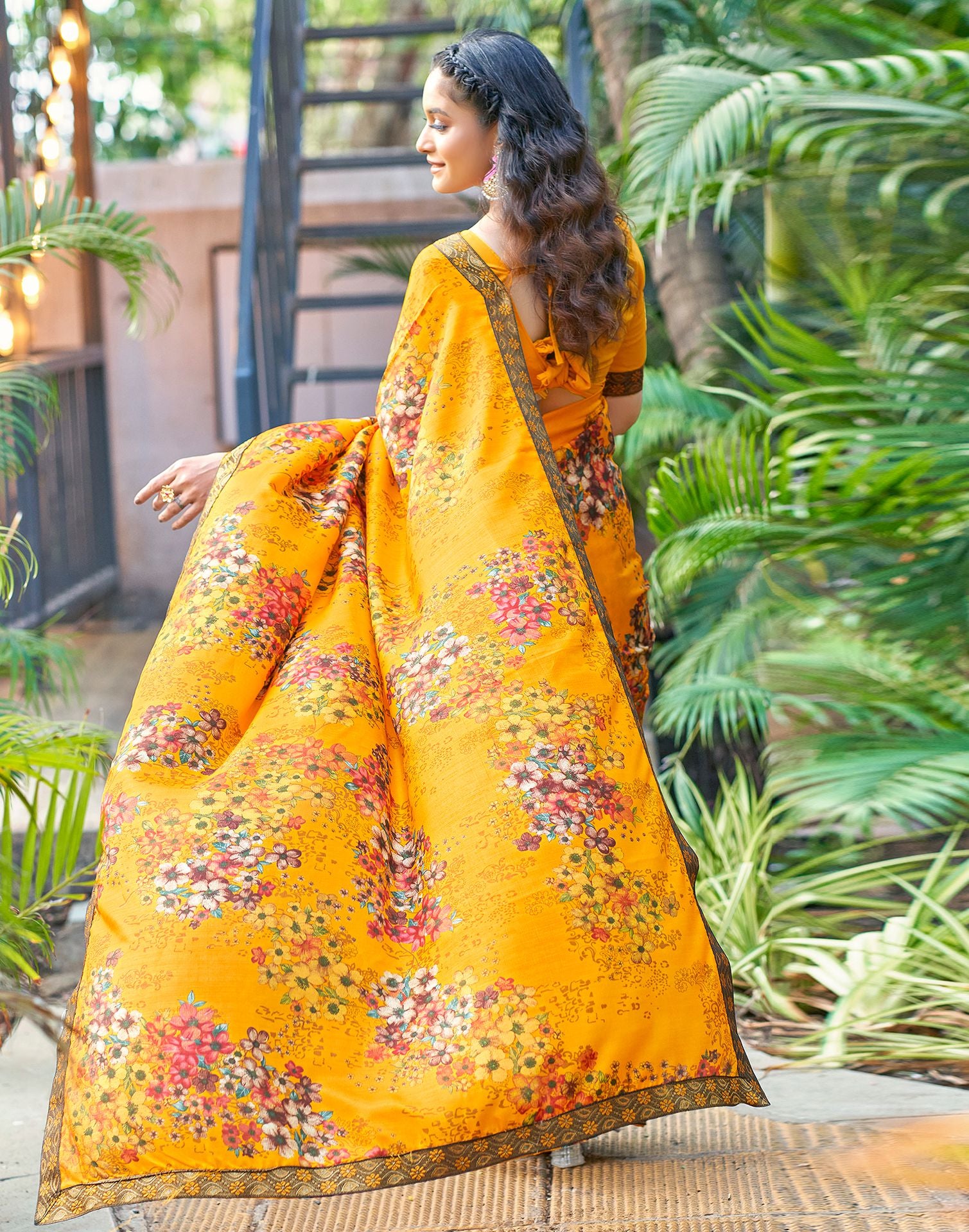 Turmeric Yellow &amp; Multicoloured Printed Silk Saree