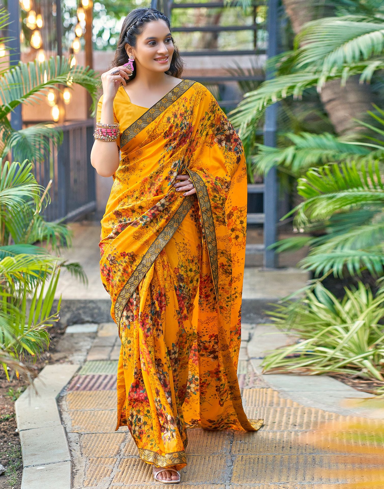 Turmeric Yellow &amp; Multicoloured Printed Silk Saree