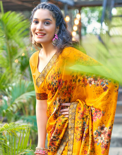 Turmeric Yellow &amp; Multicoloured Printed Silk Saree