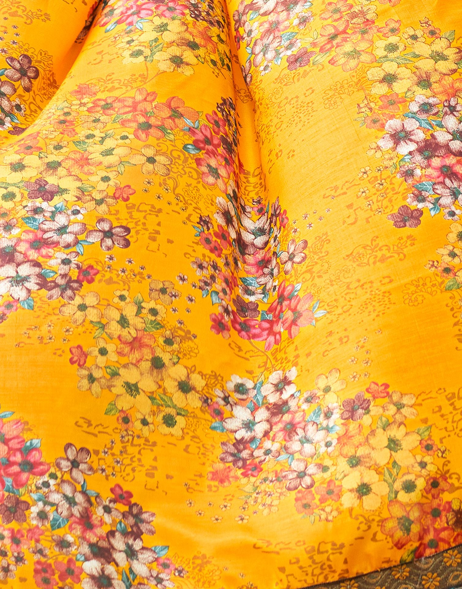 Turmeric Yellow &amp; Multicoloured Printed Silk Saree