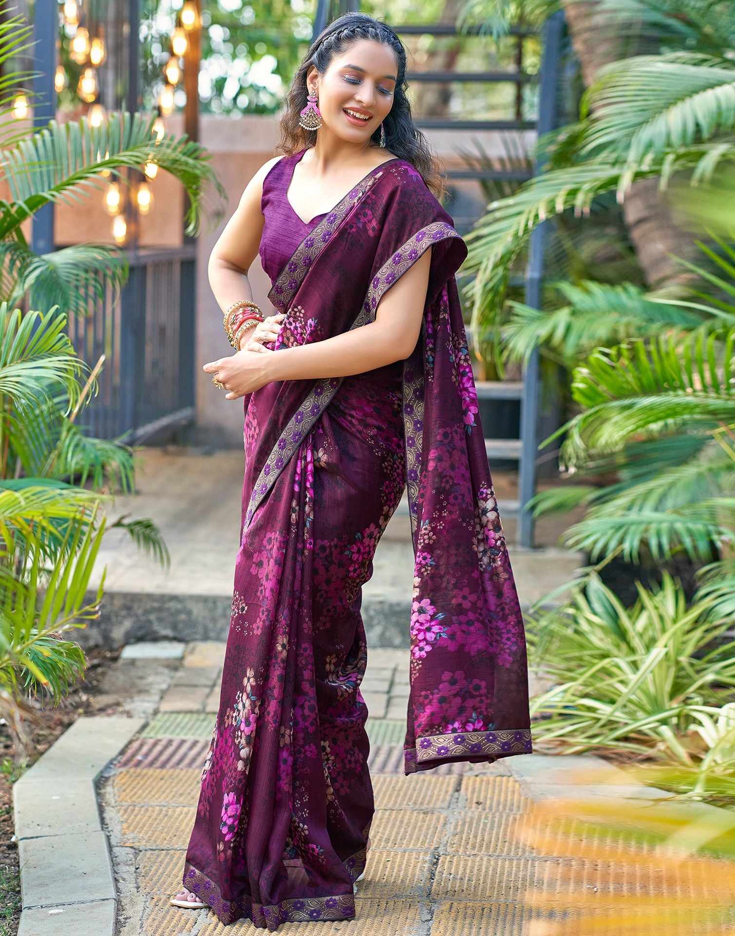 Wine Printed Silk Saree