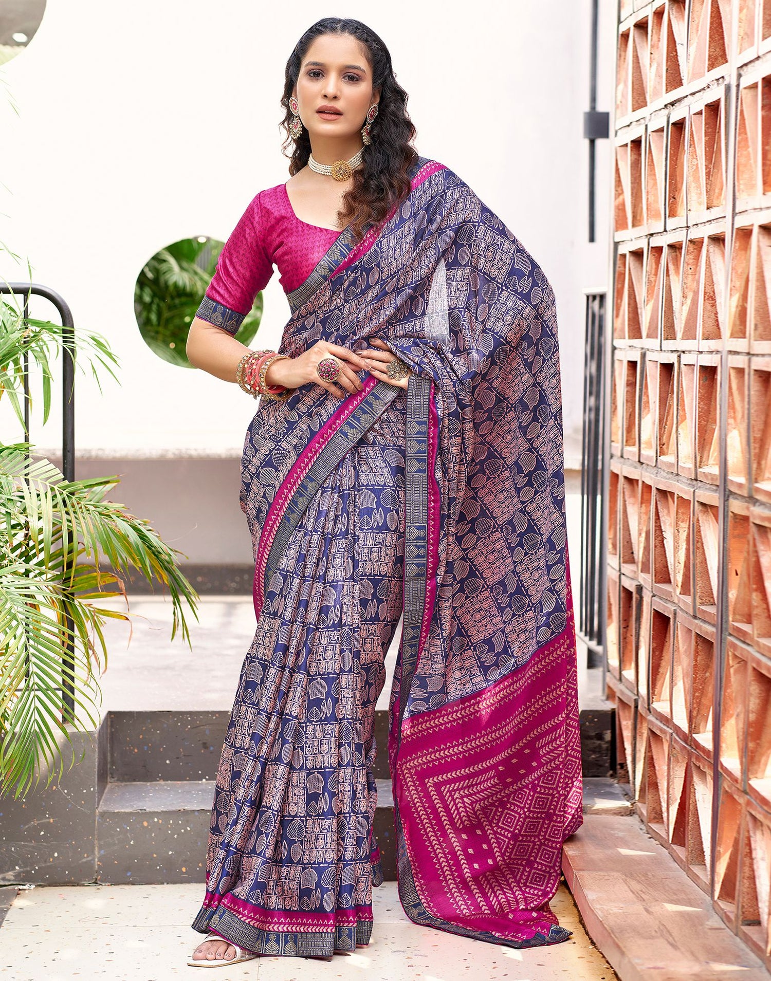 Dark Blue Printed Silk Saree