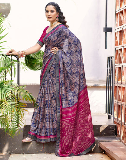 Dark Blue Printed Silk Saree