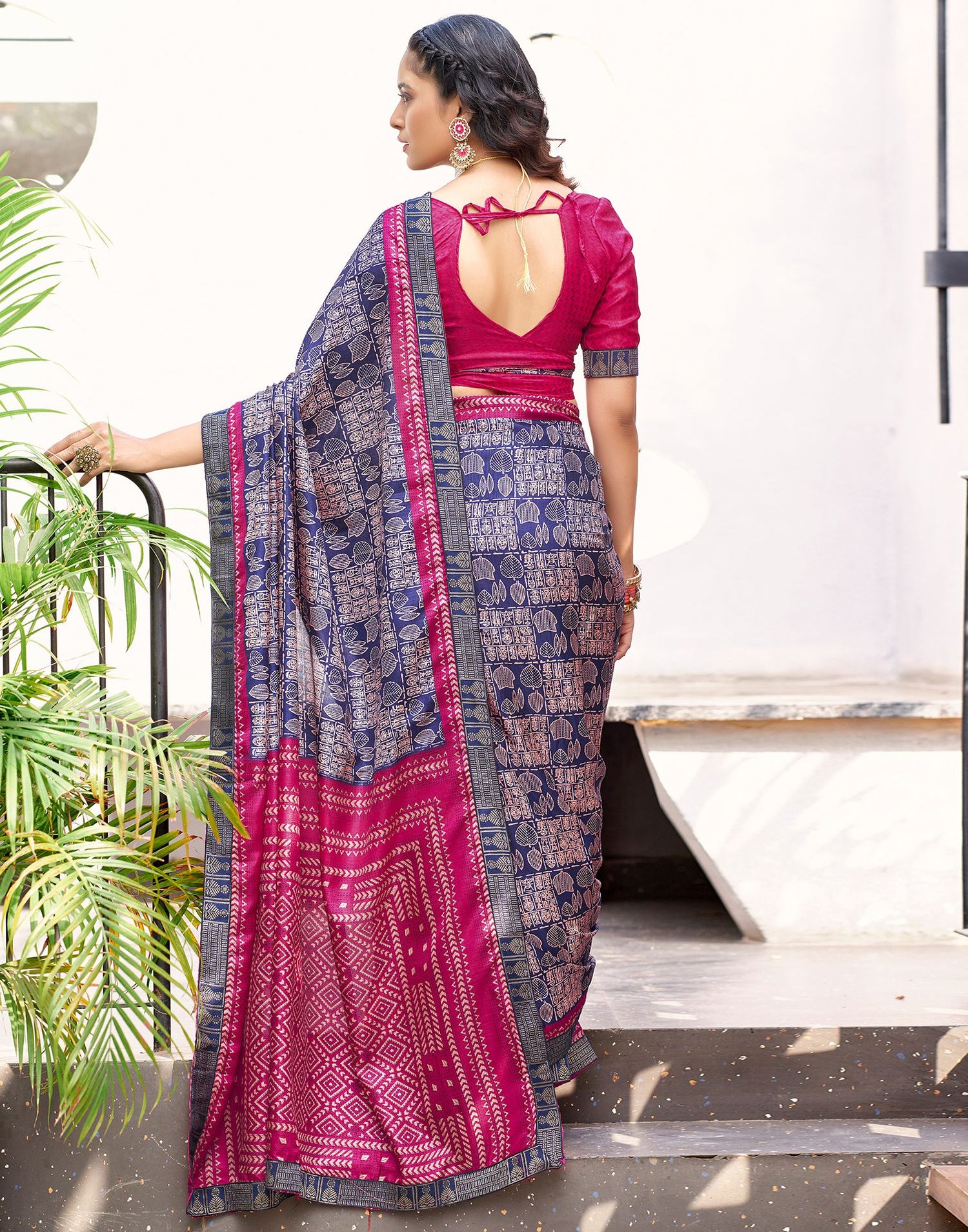 Dark Blue Printed Silk Saree