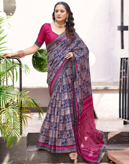 Dark Blue Printed Silk Saree