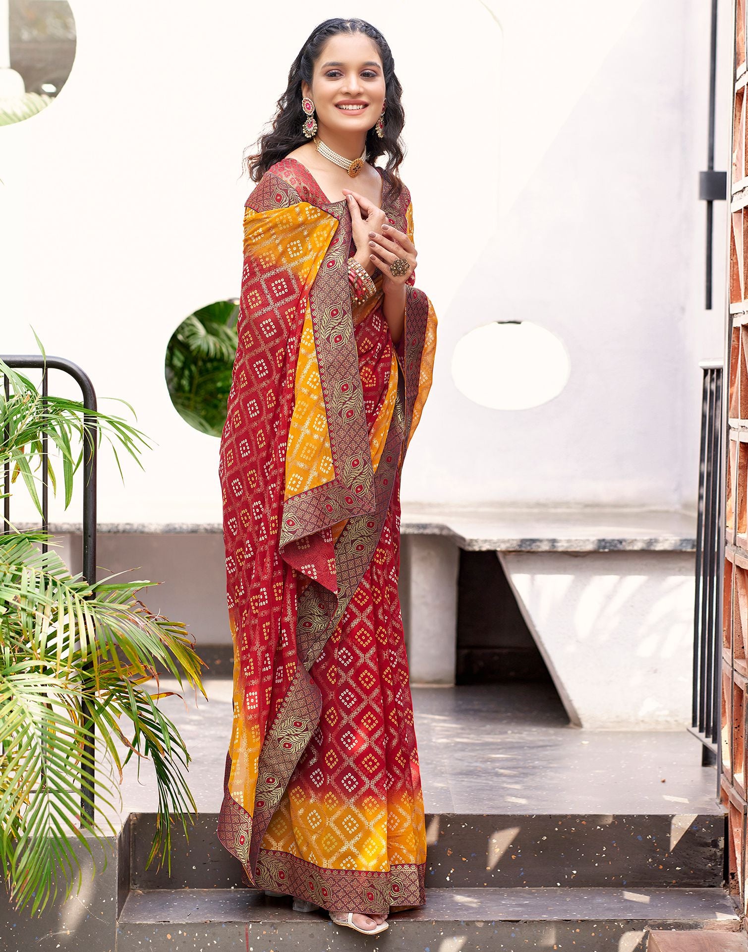 Red Bandhani Printed Saree