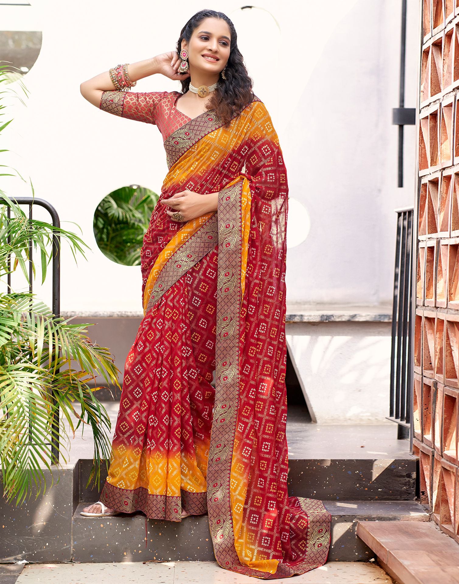 Red Bandhani Printed Saree