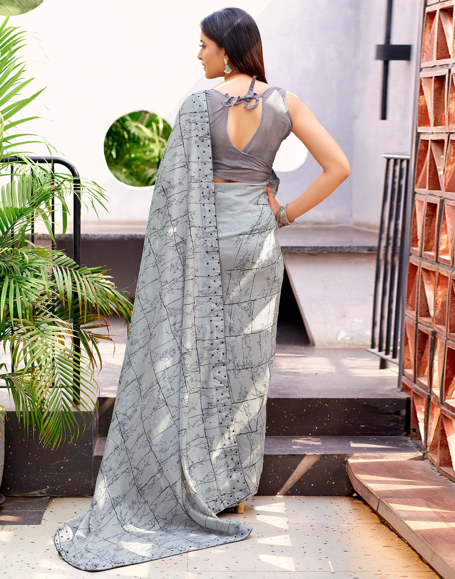 Grey Printed Silk Saree