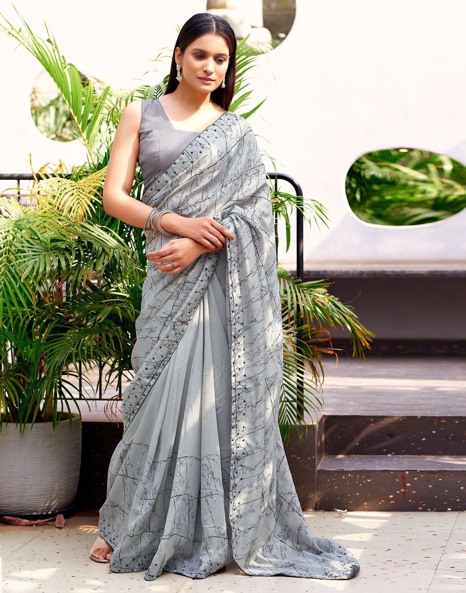 Grey Printed Silk Saree