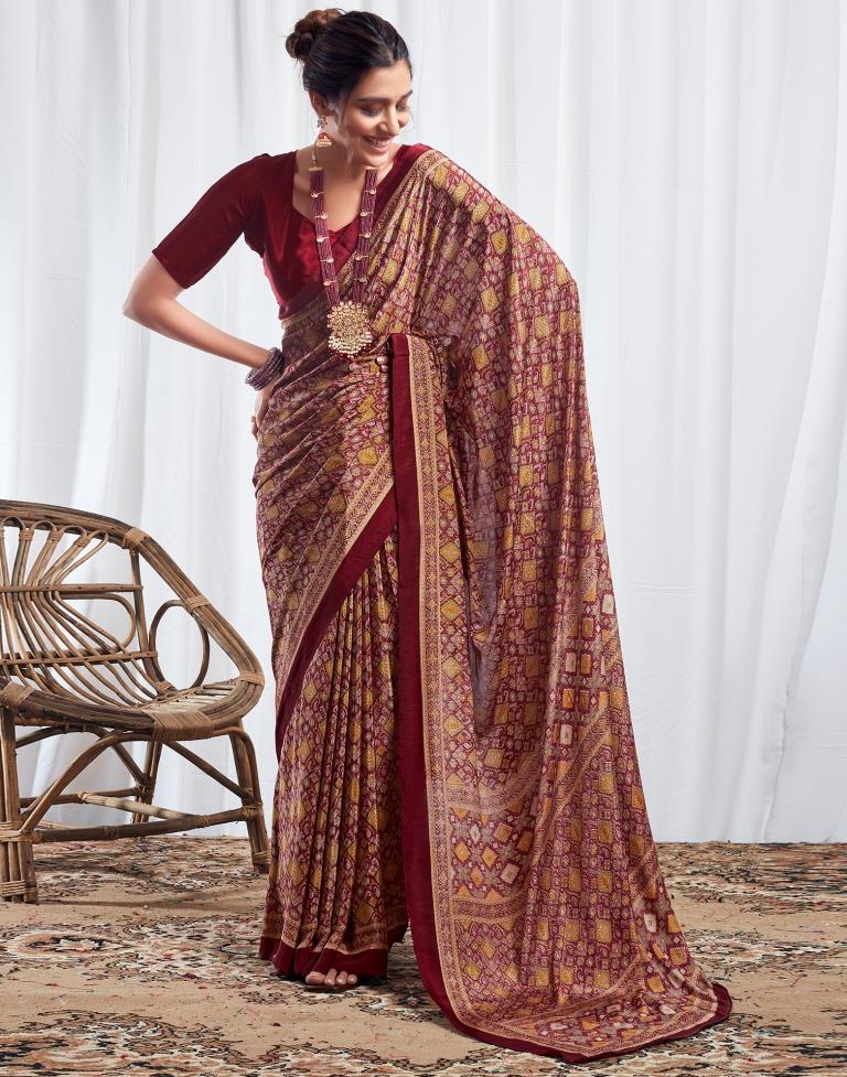 Maroon Silk Printed Saree