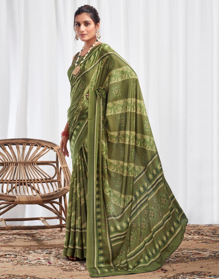 Mehndi Green Silk Printed Saree