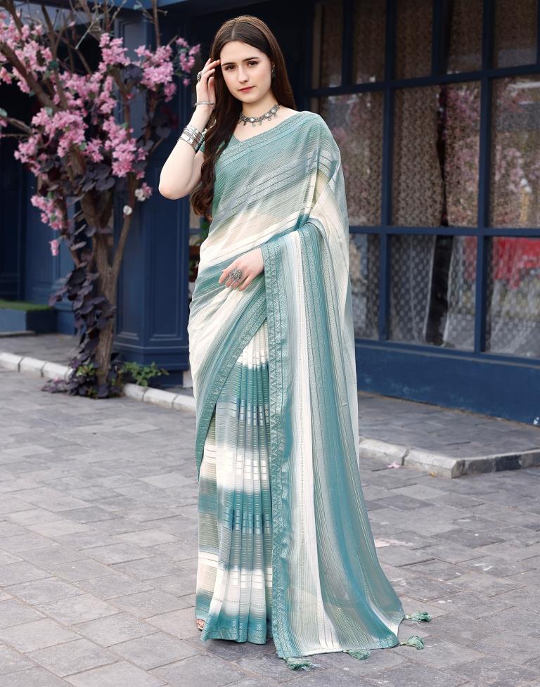 Dusty Teal Blue Georgette Printed Saree