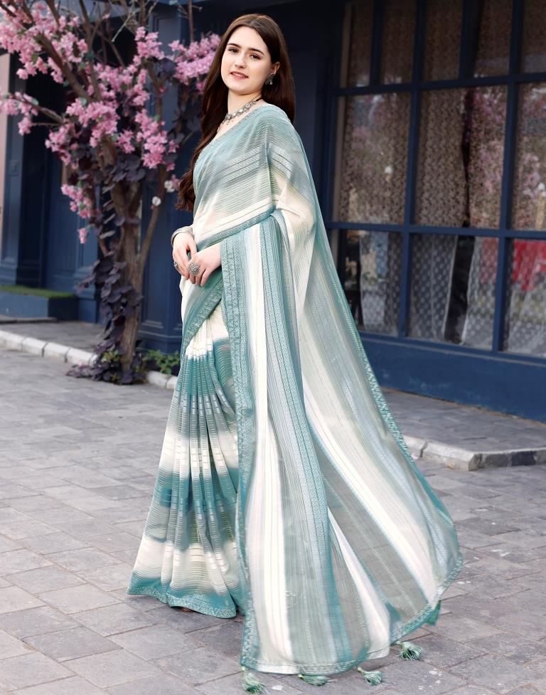 Dusty Teal Blue Georgette Printed Saree