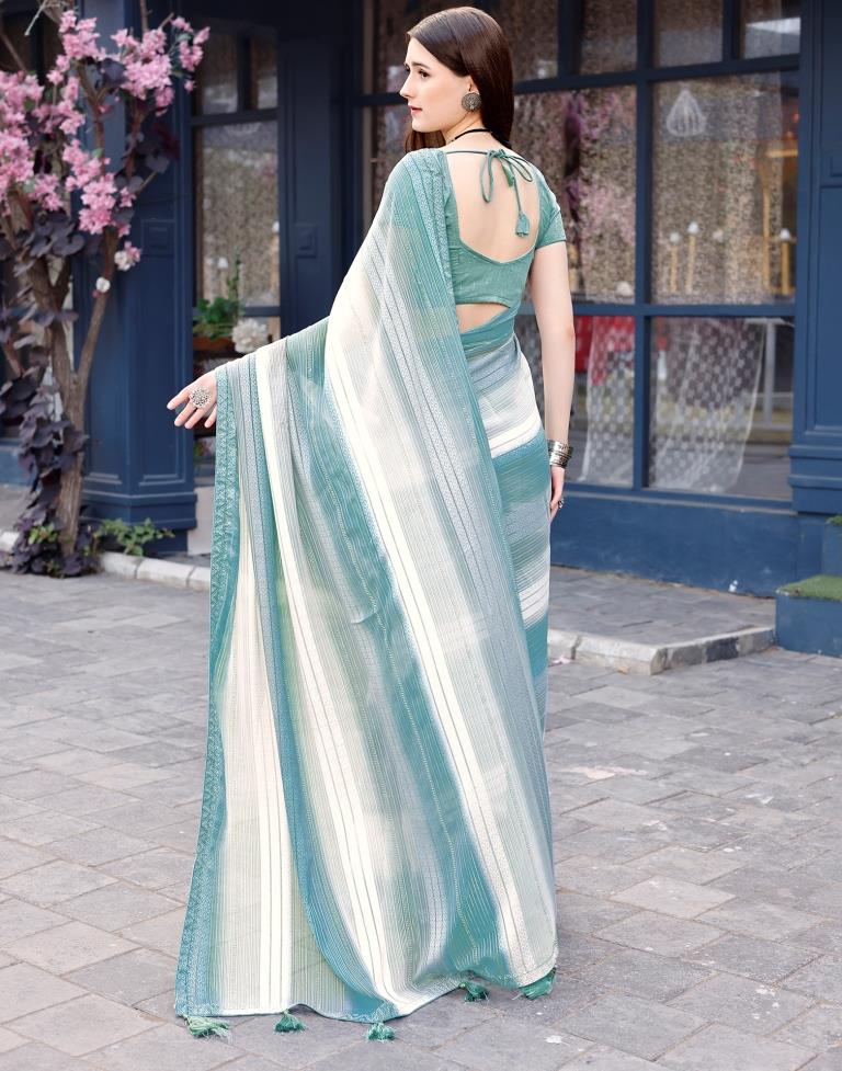 Dusty Teal Blue Georgette Printed Saree