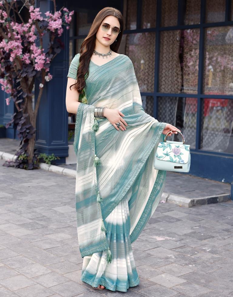 Dusty Teal Blue Georgette Printed Saree