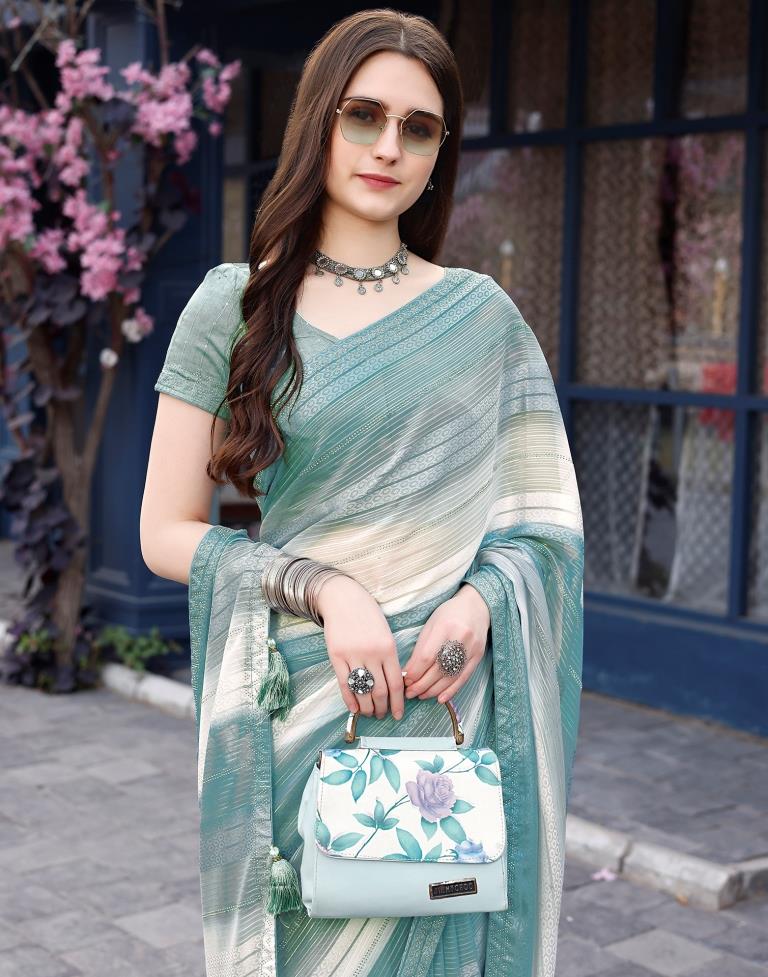 Dusty Teal Blue Georgette Printed Saree