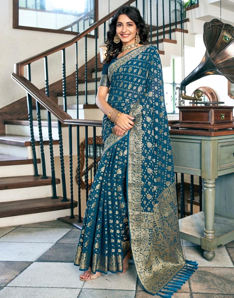 Sea Blue Georgette Plain Saree