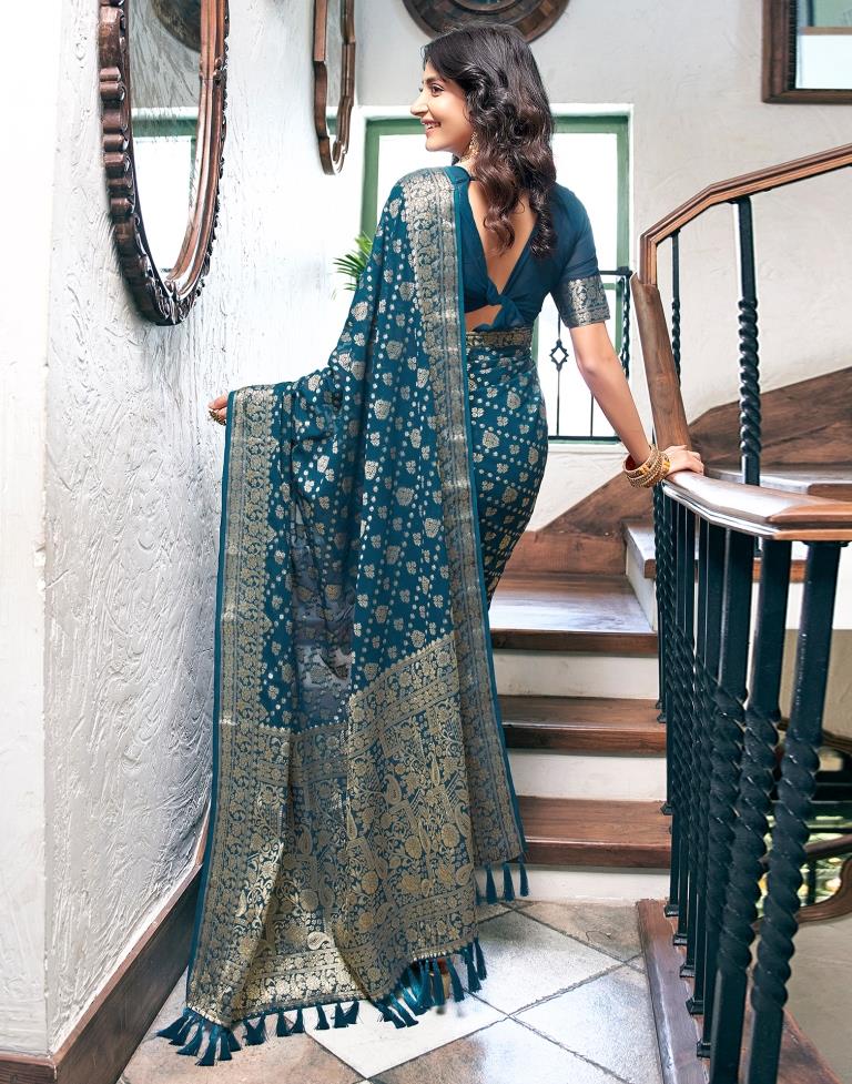 Sea Blue Georgette Plain Saree