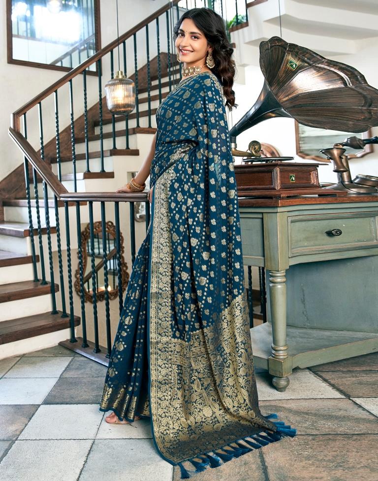 Sea Blue Georgette Plain Saree