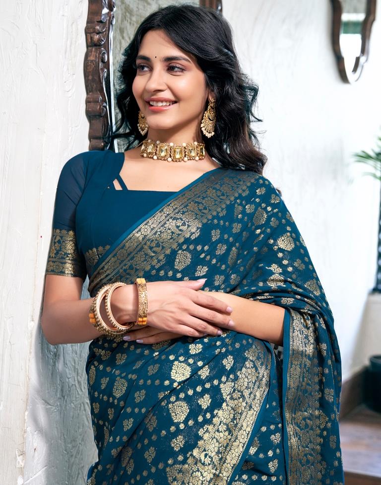 Sea Blue Georgette Plain Saree