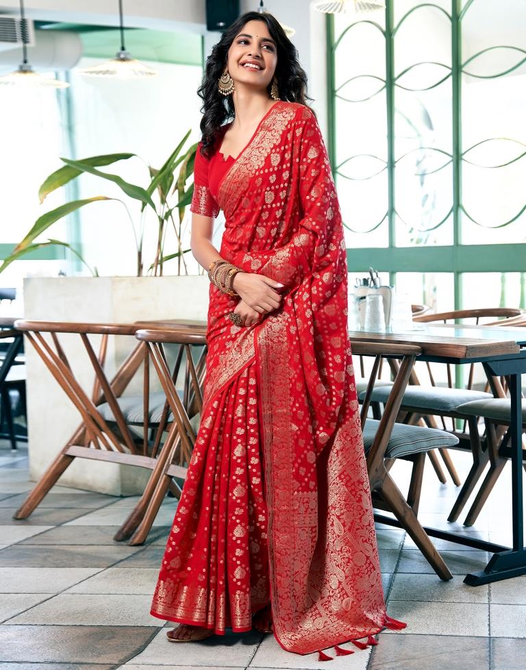 Red Georgette Plain Saree