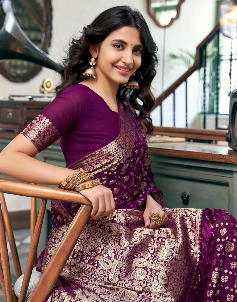 Dark Purple Georgette Plain Saree