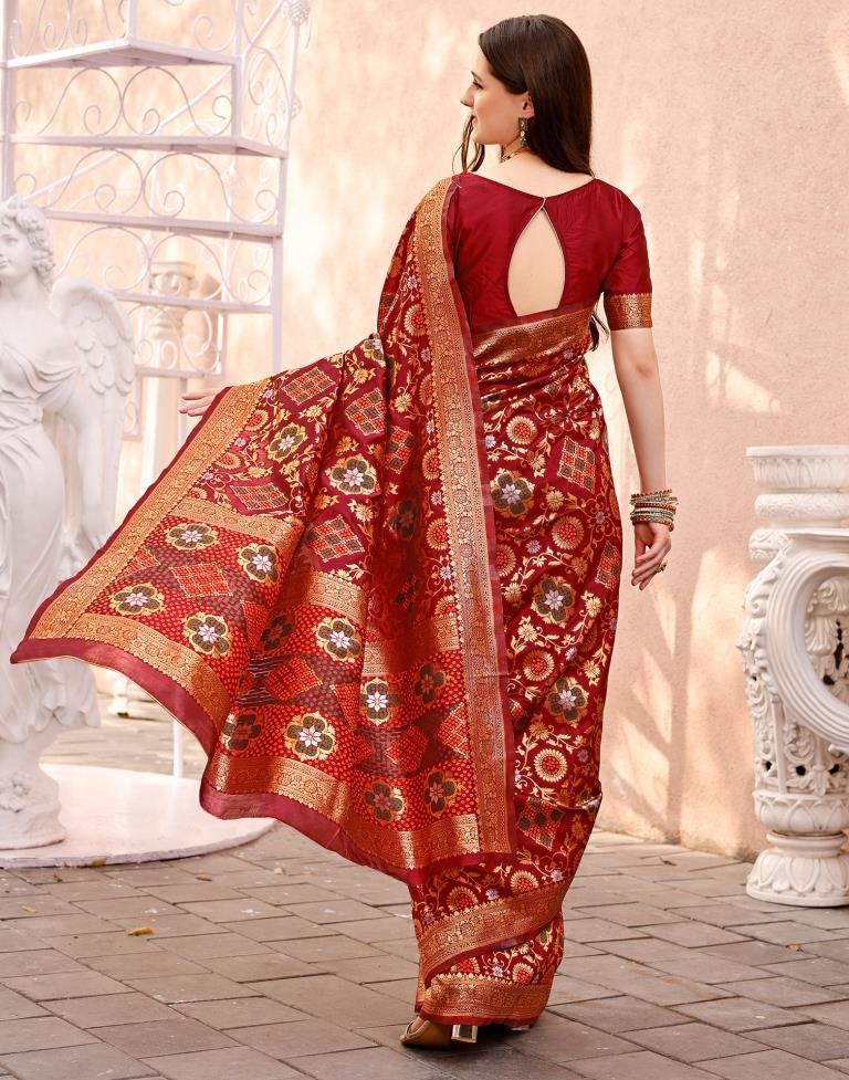 Maroon &amp; Orange Silk Plain Saree