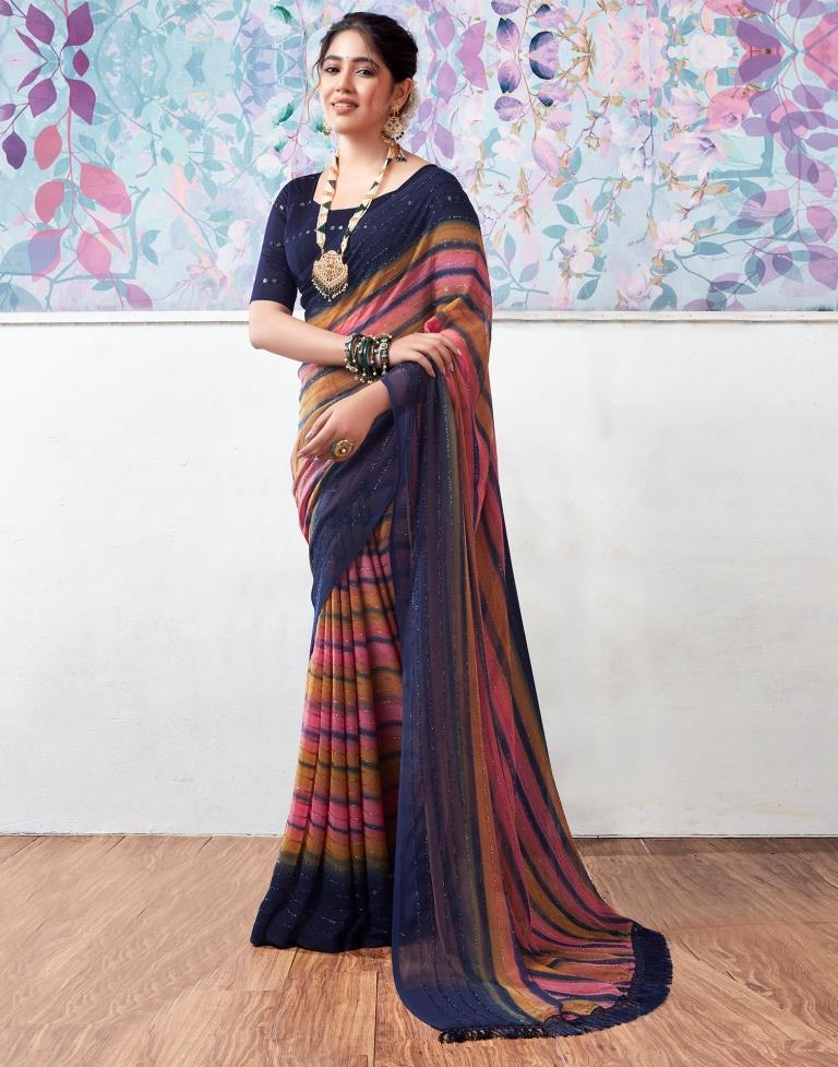 Navy Blue Georgette Printed Saree