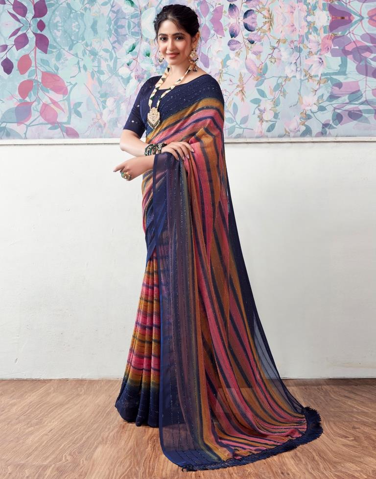 Navy Blue Georgette Printed Saree