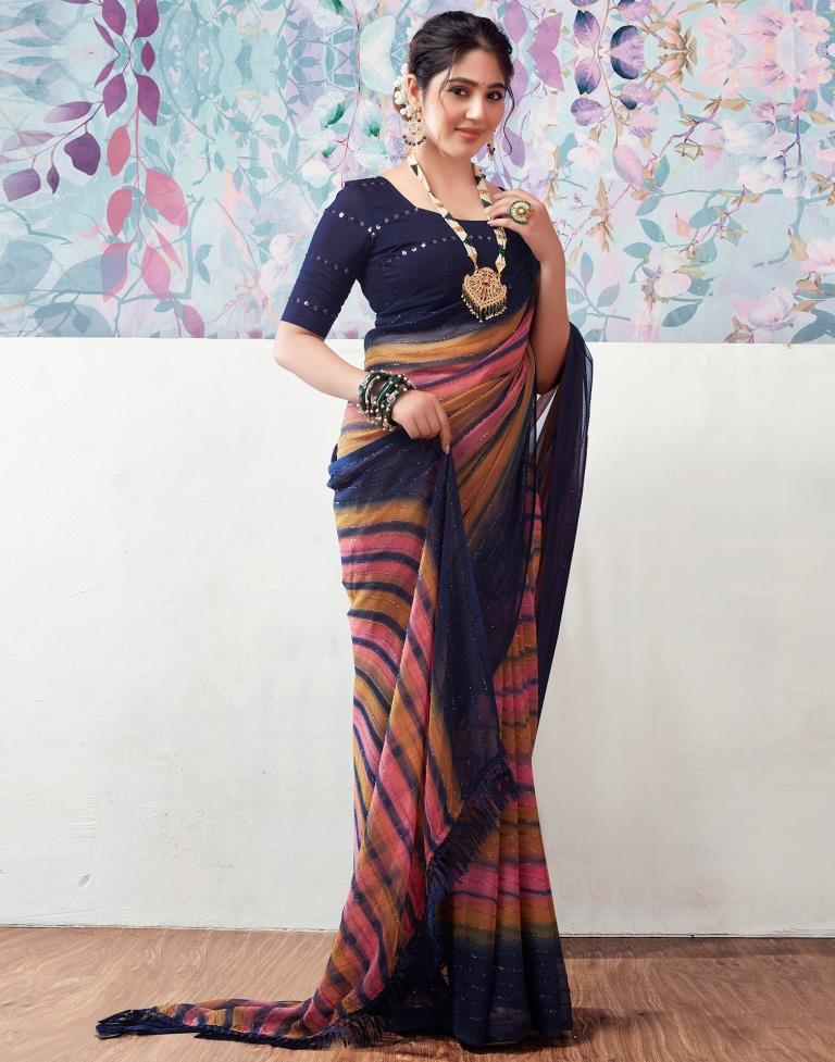 Navy Blue Georgette Printed Saree