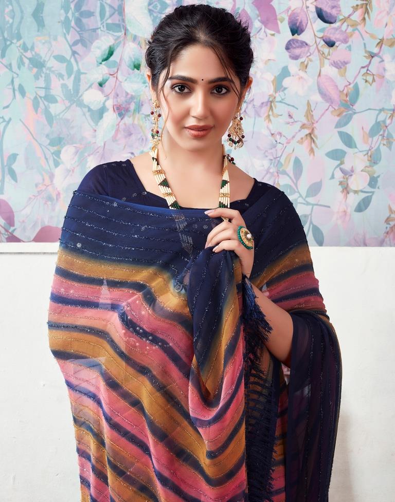 Navy Blue Georgette Printed Saree