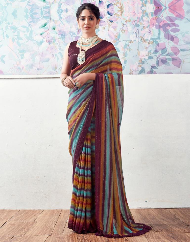 Wine Georgette Printed Saree