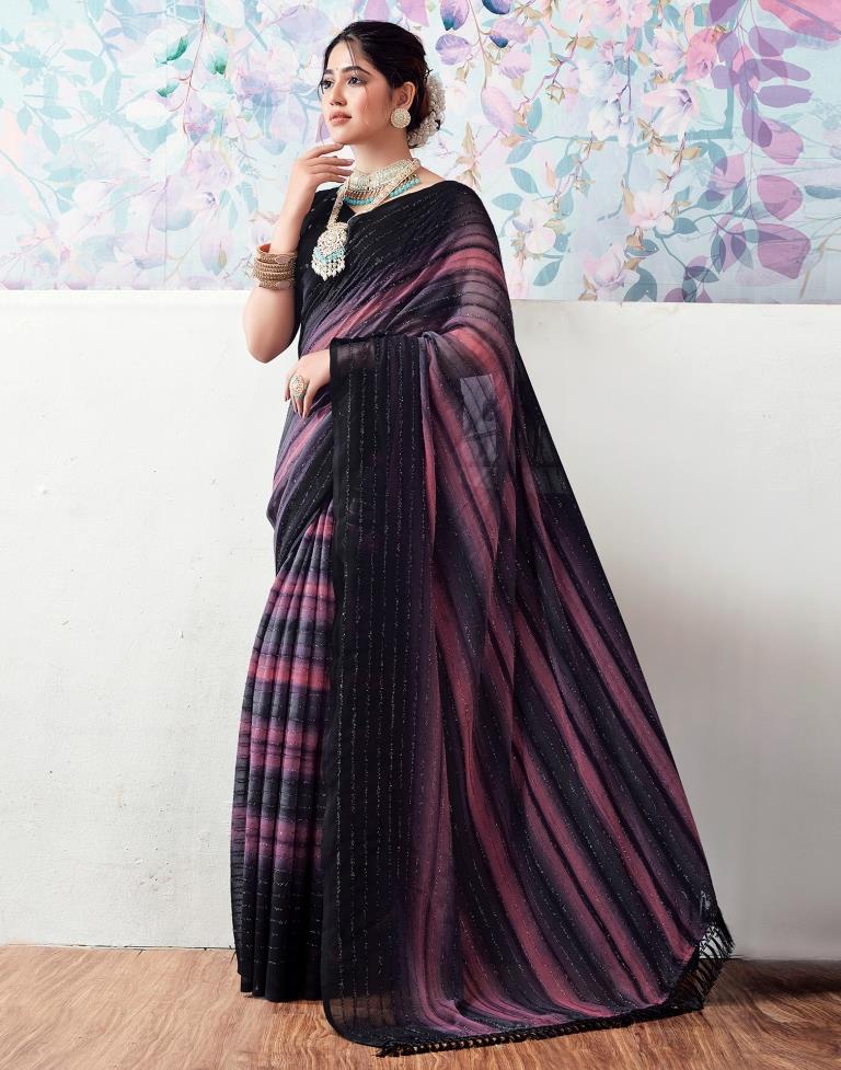 Black &amp; Pink Georgette Printed Saree