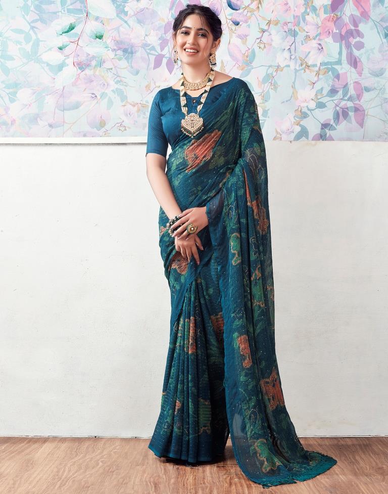 Rama Blue Georgette Printed Saree