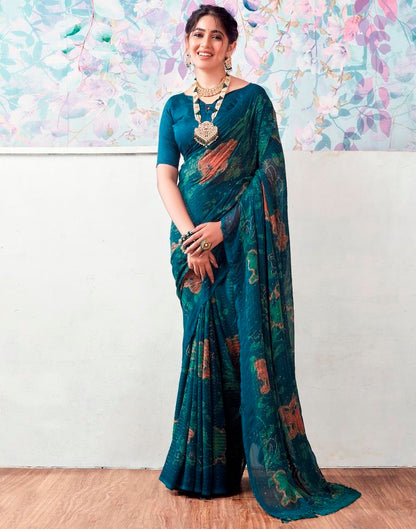 Rama Blue Georgette Printed Saree