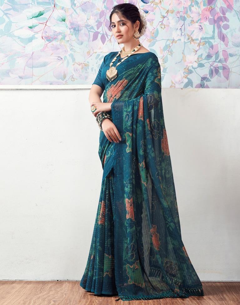 Rama Blue Georgette Printed Saree