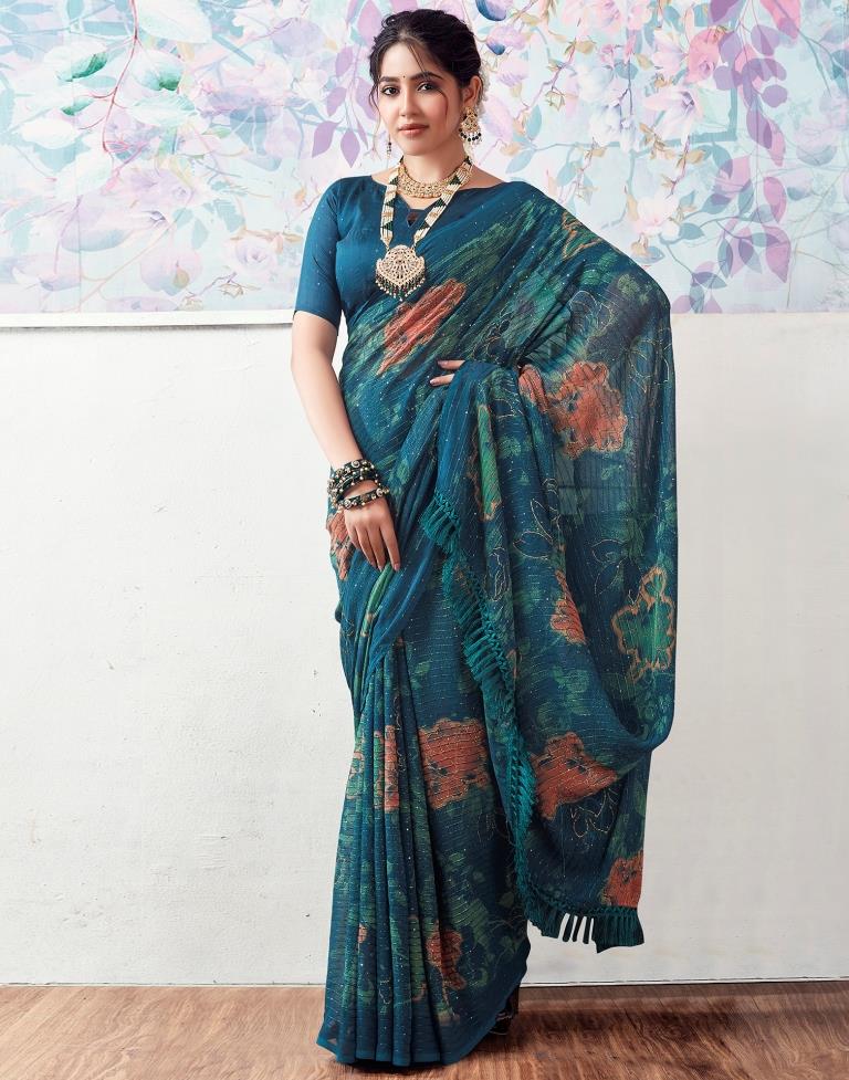 Rama Blue Georgette Printed Saree