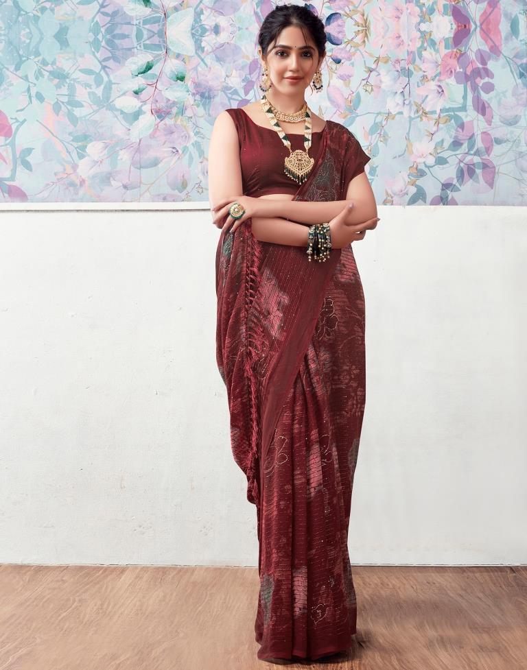 Maroon Georgette Printed Saree