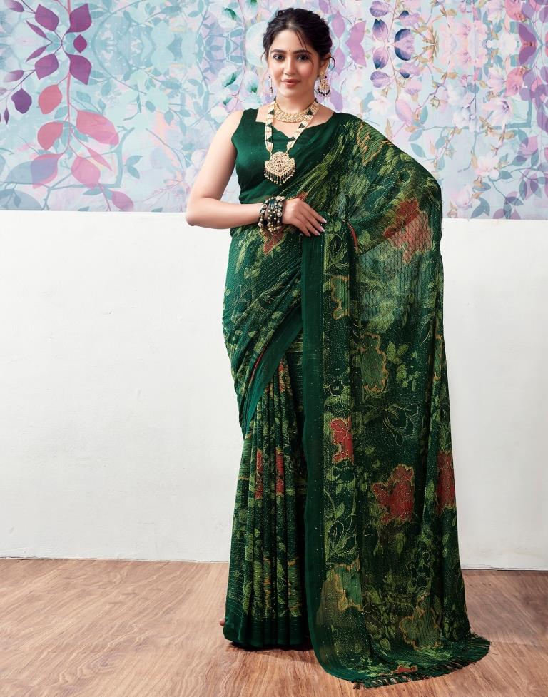 Dark Green Georgette Printed Saree