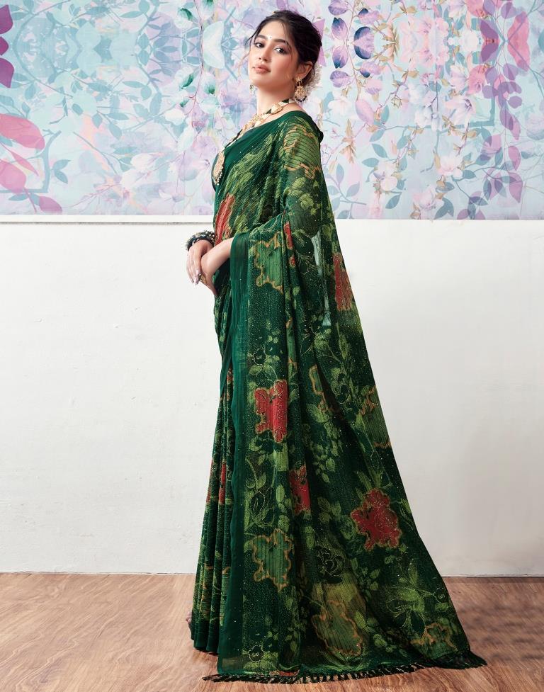 Dark Green Georgette Printed Saree