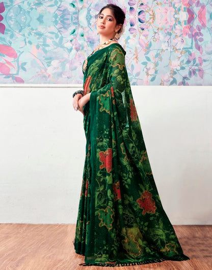 Dark Green Georgette Printed Saree