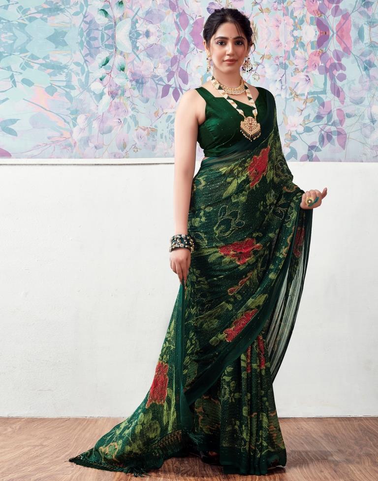 Dark Green Georgette Printed Saree